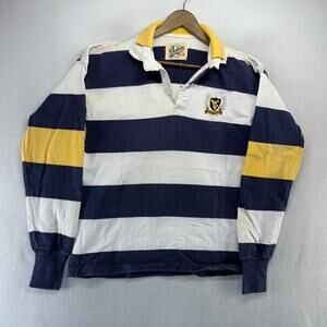 Vintage Dehen Rugby shirt Men's Large White Blue Embroidered Dehen Double Collar